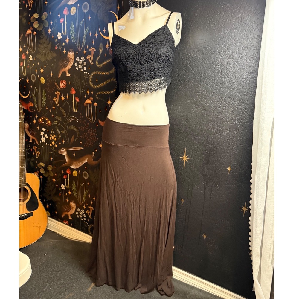 Frumos Brown Maxi Skirt Womens 2XL Fold Over Waist Rayon Spandex Made USA y2k